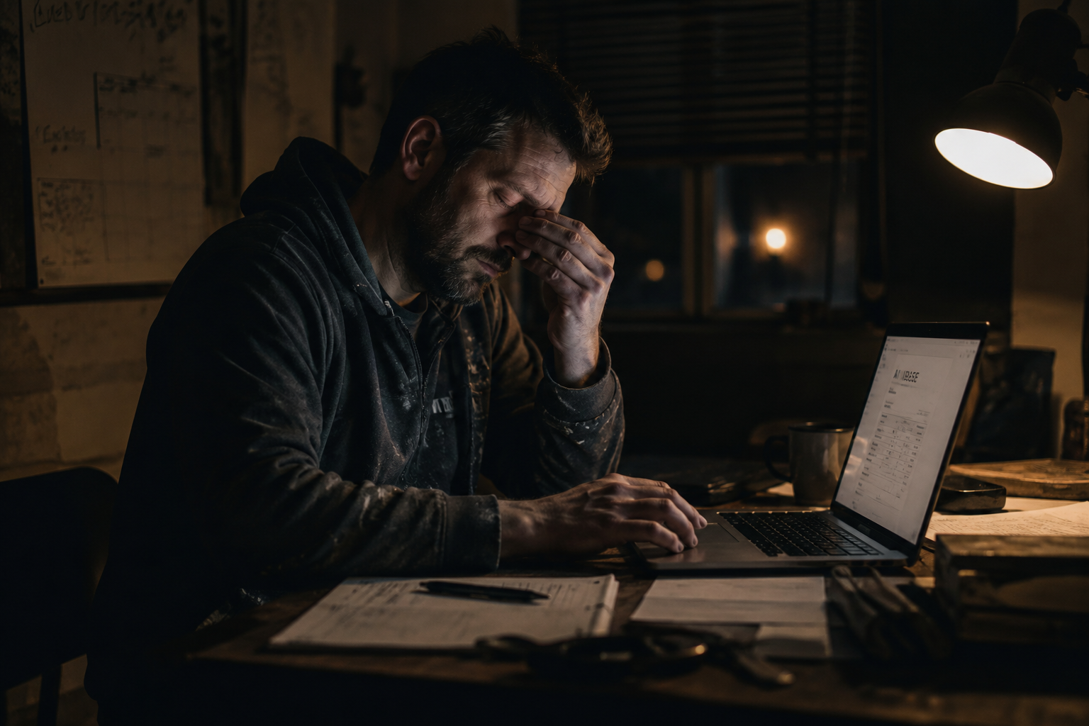 Gestresster Handwerker sitzt abends mit Papierkram am Tisch